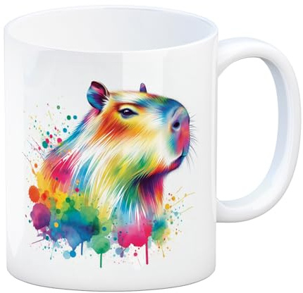 Capybara Aquarell Kaffeebecher Bunte Farbspritzer Design Mehrfarbiges Nagetier Säugetier Motiv Farbenfroher Capybara Tasse Spritzer