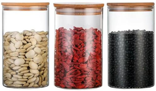 NAVACALA Lot de 3 bocaux de conservation ronds en verre avec couvercles 750 ml, lot de 3 boîtes hermétiques en verre borosilicate pour aliments de cuisine, cylindre transparent avec couvercle 750 ml