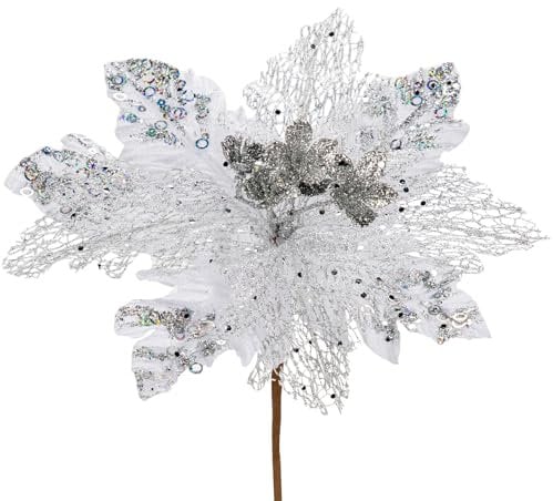 Arborus 6 Stück Glitzer Weihnachtsblumen Künstlicher Weihnachtsstern Blumen für Weihnachtsbaum Silber Kunstblumen Weihnachten Blumenzweige Tannenbaum Deko Weihnactsdeko Weihnachten Deko