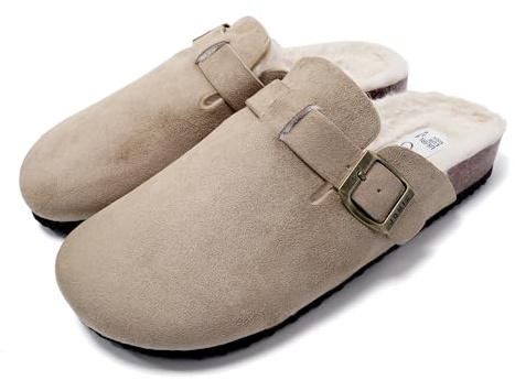 JOMIX Zapatillas Casa Mujer Invierno con Peluche, Zuecos Ante con Hebilla, Pantuflas Cerradas con Plantilla Ortopédica, MD2439, Beige, 36 EU