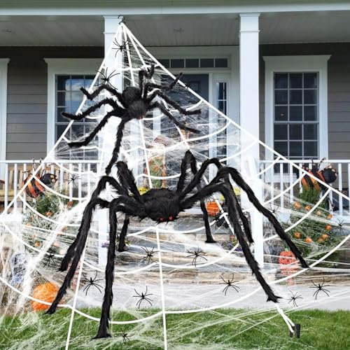 iZoeL Halloween Deko Outdoor 125 cm und 75cm spinne 4.8m Spinnennetz 30 Mini Spinnen Spinnenweben gruseliges Halloween Garten Dekoration Outdoor Haarige Spinne