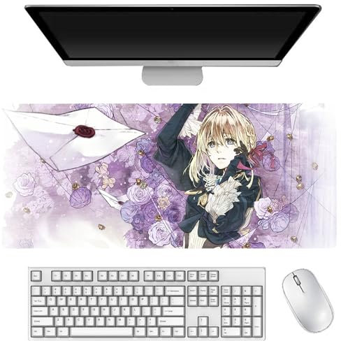 Violet Evergarden Tapis de souris de jeu Anime Motif impression 3D Bords cousus Caoutchouc naturel Sous-main de bureau étanche Accessoires PC pour gamer bureau maison 40 x 90 cm