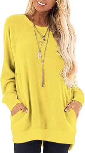 AUSELILY Long Sleeve Tops Women Round Neck Casual Jumpers Blouses Autumn Sweatshirts with Pockets Yellow XL