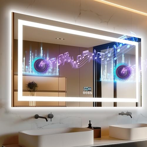 LUVODI Grand Miroir LED Salle de Bain: 160x80cm Miroir Mural Horloge et Bluetooth 5.2 Miroir Lumineux 60W Anti buée pour La Maison Hôtel Fonction Mémoire Interrupteur Tactil