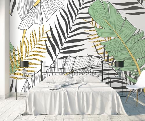 songqians Papier Peint Panoramique Noir blanc feuilles vert Papier Peint 3D Tapisserie Murale Décoration Chambre Salon -S026-400cmx260cm