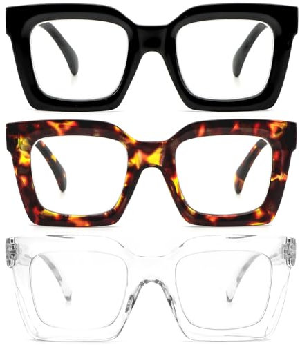 REAVEE 3 Pack Oprah Style Oversized Reading Glasses for Women Men, Blue Light Blocking Computer Thick Frame stylish Square Readers with Spring Hinge((Black/Tortoise/Clear, 2.75)