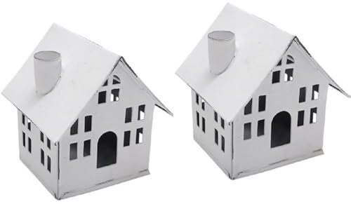 dekorative kleine Tisch - Laterne aus Metall in Haus-Form Shabby weiß im 2-er Set