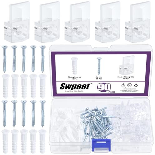 Swpeet Lot de 30 clips de support de miroir en plastique transparent avec vis, kit de clips de retenue, kit de suspension pour miroir, clips de montage de miroir en plastique transparent, matériel de