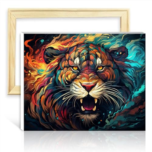 TANGFEIY Malen nach Zahlen auf Leinwand, Tiger, DIY, Acrylbild für Anfänger, Malen nach Zahlen mit 3 Pinseln und Acrylfarben, Bastelprojekt, DIY-Rahmen (30 x 40 cm)