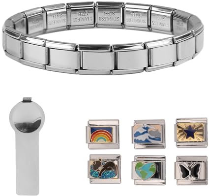 Mikovivi Italian Charm Bracelet, Silver Stainless Steel Italian Bracelet with Opening Tool and 6 Detachable Modular Charms Charm Bracelet Links for Women Personalized Jewelry Gifts