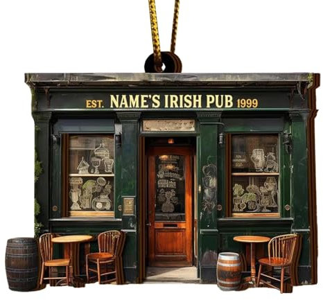 Irish Pub Weihnachtsdekoration, festliche Baumdekoration aus , grünes Irland inspiriertes Ornament für Rückspiegel, Haustür oder Weihnachtsbaumdekoration, 8,9 x 7,1 cm