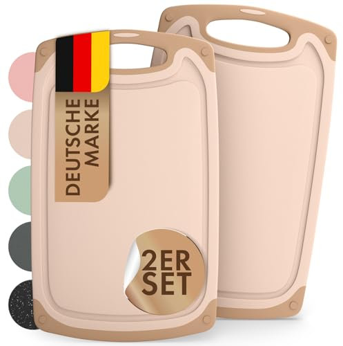 Blumtal Schneidebrett Kunststoff groß 40x24,5 cm 2er Set - Schneidebretter + Saftrillen & Griff - Cutting Board - Schneidbrett BPA frei - Schneidbretter & -Matten - Camping Schneidebrett groß Beige