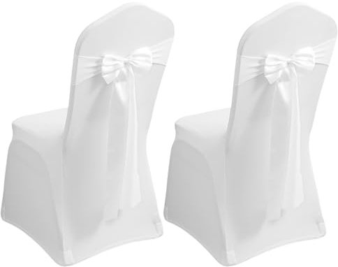 BORDEAG 2 Stück Stuhlhussen Weiß, Hochzeit, Stretch, Mit 2 Schleifen, Für Party, Hochzeit, Feier, Wohnzimmer, Esszimmerstuhl
