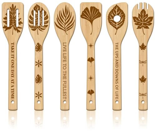 GLOBLELAND 6 Stück Verschiedene Blätter Bambus Kochutensilien Ahornblätter Holzgravur Kochlöffel Set Gravur Schnitzerei Küche Bambus Spatel Set Für Küche Housewarming Geschenk Mutter Freundin Frauen