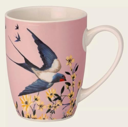 Swallows/Swifts & Floral Design Ceramic Mug - Pale Pink - 300ml -10.5cm