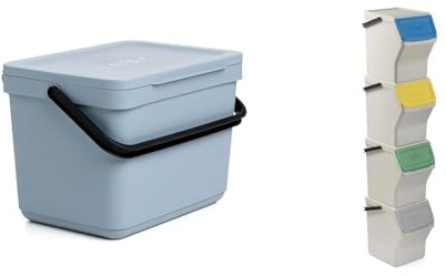 TATAY Set de Cubos de Basura 6 L Diseño Compacto Diseño Modular | Set Cubos Basura | 1 Cubo Organico Smart 6L | 4 de Reciclaje Easy Waste | 20L Blanco | Para la Cocina | Azul sin Soporte