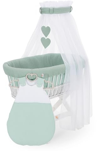 FabiMax Stubenwagen Weiß Komplettset mit Matratze, Musselin-Schlafsack oder Bettwäsche, Himmel & Weidenkorb (Schlafsack, Grün)