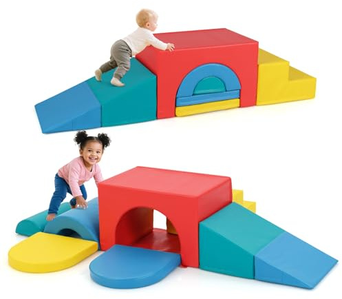COSTWAY 7 teilige Schaumstoffbausteine, Softbausteine aus PU zum Krabbeln, Klettern & Rutschen, Riesenbausteine aus Schamstoff, Großbausteine XXL Indoor für Kinder ab 1 Jahr (Rot)