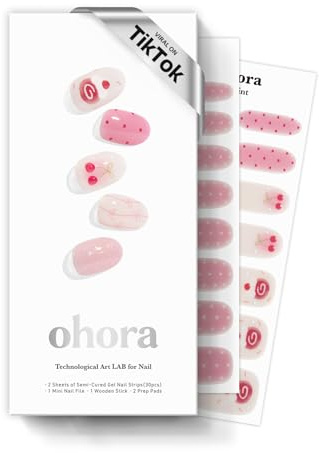 ohora Semi Cured Gel Nail Strips (N Sugar Rush) - Works with Any Nail Lamps, Salon-Quality, Long Lasting, Easy to Apply & Remove - Includes 2 Prep Pads, Nail File & Wooden Stick
