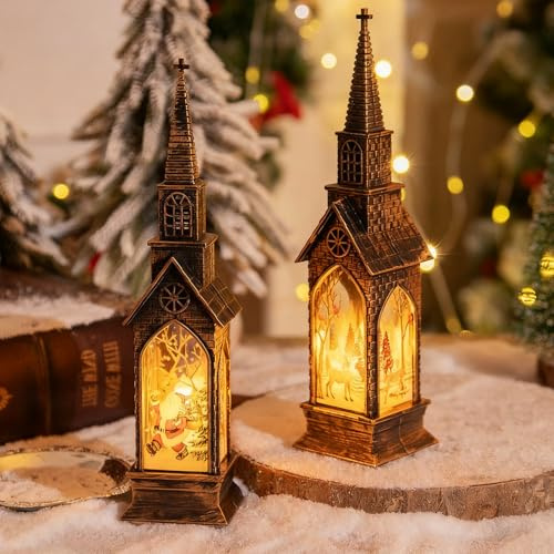Editbar 2 Stück Weihnachts Deko – Kirche mit Weihnachtsmann & Kirche mit Rentier, Warmweißes Licht, Vintage Kupfer Optik, PVC, 22,5 cm Höhe, LED Kirche Deko, Weihnachtsfeko,Tischdeko&Fensterdekoration