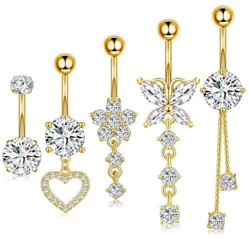 ZHITENG 5 Pièces Piercing Nombril Acier Chirurgical, Belly Button Rings Pendentif Long, Piercing Nombril Acier Inoxydable Comprend des Formes de Papillon, de Fleur et de Cœur