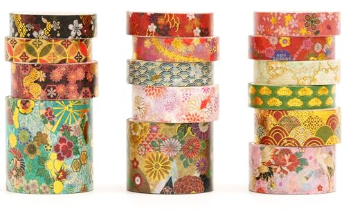 Songdao 15 Rollen Japanische Sakura Washi Tape Set Traditioneller Kimono Dekorative Masking Tapes Klebeband Bunt für Kunst, DIY Handwerk, Tagebuch, Planer, Scrapbook, Verpackung (Style 1)