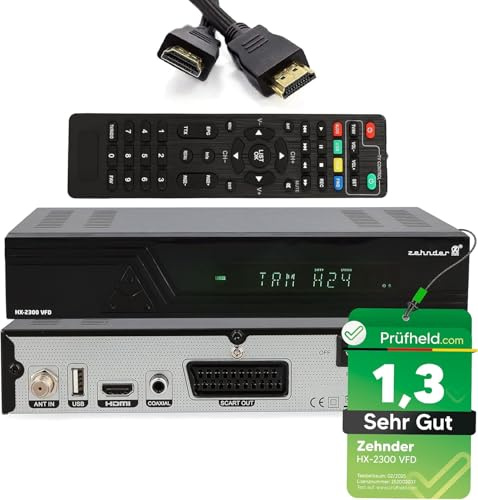 [ Test SEHR GUT, Note 1.3 *] Zehnder HX 2300 VFD Sat Receiver + HDMI Kabel, mit Aufnahmefunktion, Full HD fähig, Digital Sat-Receiver für Satellitenschüssel Satelliten Satellit TV, HD-Receiver