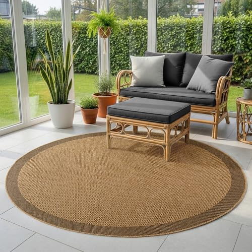 SIMPEX Outdoor Teppich Rund 160 cm Wetterfest Pflegeleicht Jute Natur Optik Bordüre Design für Terrasse Garten Wohnzimmer Esszimmer