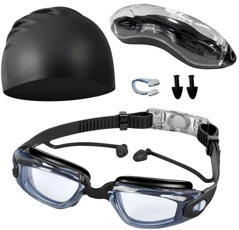 Joyance Occhialini Nuoto Monopezzo Silicone per Adulti, WT1300 Occhialini Nuoto Competizione con Tappi per le Orecchie Integrati, Alta Definizione e Antiappannamento per Uomo e Donna, Trasparenti