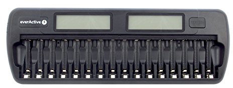everActive Ladegerät für 16 Akkus AAA AA, schnelle Ladung - 4 Stunden Akku-Set, LCD Anzeige, Auffrischungsmodus, KFZ Adapter, Modell: NC-1600