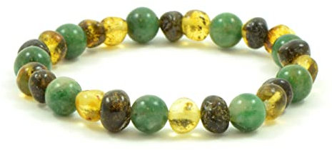 B-A-L Bernstein-Armband für Erwachsene, gemischt mit afrikanischen Jade-Perlen, 18 cm, grüne Farbe, auf elastischem Band, 18 cm, grüner Bernstein/afrikanische Jade)