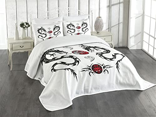 ABAKUHAUS japanische Drachen Tagesdecke Set, Tribal Tattoo Asian, Set mit Kissenbezug farbfester Digitaldruck, für Einzelbetten 170 x 220 cm, Weiß Schwarz Rot