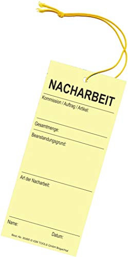 150 Hängeetiketten - Schnuranhänger - Warenanhänger: Aus Karton mit dem Aufdruck NACHARBEIT - 60x140 mm - Staffelpreise für Businesskunden ab 3, 6 oder 11 Verpackungseinheiten (VE)
