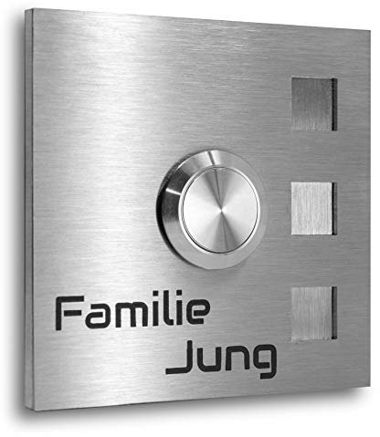 Jung Edelstahl Design - Edelstahl Türklingel Köln Aufputz oder Unterputz - 7 X 7 cm mit LED Taster - Klingel aus V2A Edelstahl geschliffen - Haustürklingel (ohne LED)
