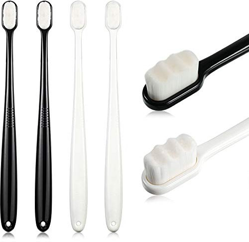 4 Stücke Soft Micro Nano Manual Zahnbürste Extra Weiche Borsten Zahnbürste mit 20.000 Borsten für Zerbrechliches Zahnfleisch Erwachsene Kinder (Schwarz und Weiß Glatt)