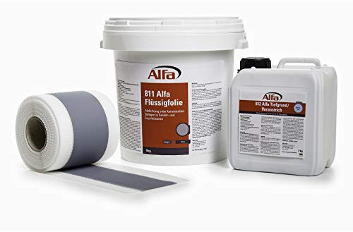 Alfa Abdichtungs-Set - 9 kg Flüssigfolie, 2 kg Tiefengrund, 15 m Dichtband - Dusche Bad Küche Abdichtung Dicht-Set