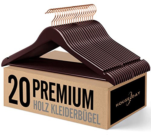 HOUSE DAY Kleiderbügel Holz, 20er Holz Bügel, Kleiderbügel braun für Anzüge, 360° drehbarer Haken in Roségold, rutschfest, Einkerbungen im Schulterbereich