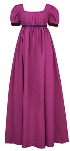 FRIUSATE Regency Dresses, Vintage Dress, Regency Dresses for Women with Sash Empire Waist Ruffled Puff Sleeve Long Dress for Parties, Weddings and Gala(L Mulberry)