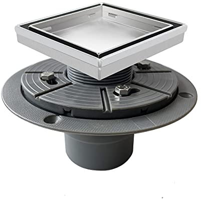 Bernkot Quadratische Duschrinne 10,2 cm Kachel im Gitter gebürstet 304 Edelstahl mit 5,1 cm PVC-Duschablauf-Basis passt auf US-Flansch-Ablauf-Basis-System