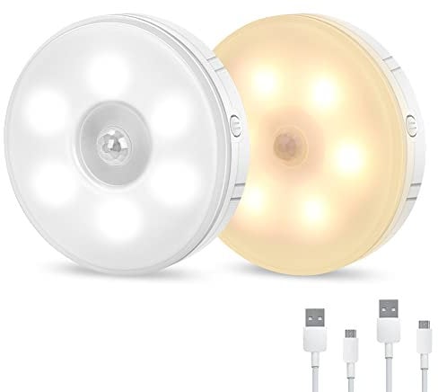 Tailcas Motion Sensor Lights Indoor, Two-Color Upgrade (Cold White/Warm White), USB Rechargeable LED Night Light with Auto/On/Off Modes, with Removable Magnet Sheet Stick-On Cupboard Lights, 2 Pack
