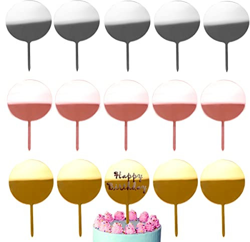 Acrylic Cake Toppers, 15pcs Round Acrylic Mirror Cake Topper Blanks DIY Circle Birthday Cake Toppers, 4Inch Custom Personalized Printable Painted Cake Topper Decorations, Gold, Rose and Silver Colored