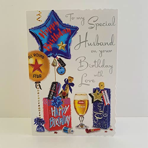 Jonny Javelin Special Husband Birthday With Love Card - Balloons Presents Beer Glass