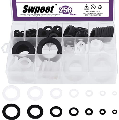 Swpeet 256Pcs 7 Sizes Flat Rubber and Silicone Washers O Ring Plumbing Washers Assortment Kit, Flat Gasket Hose Gasket Set Sealing Washer for Shower Head Washers Garden Faucet Water