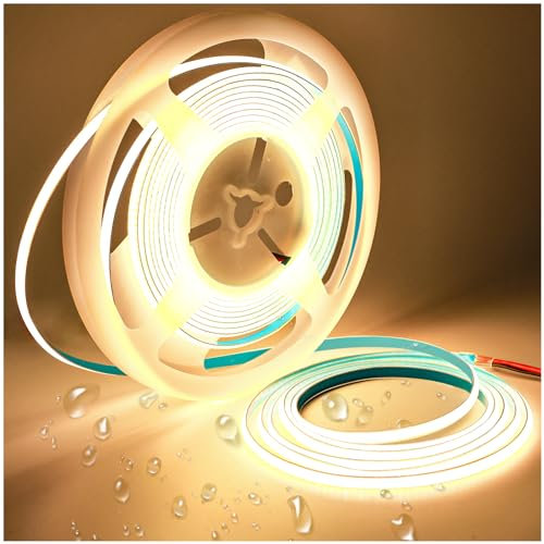 Tesfish LED Streifen Lichts 12V, 5mm Breit Ultra Dünn Band COB Warmweiß 3000K 5 Meter 384 LEDs/M Insgesamt 1920 LEDs Neon Licht Flexibel Lichtleisten Leiste für Party, Theke, Regal, Wohnkultur