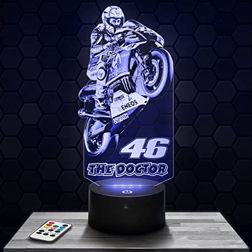 Lampe de chevet - Veilleuse Tactile GP moto V. Rossi 46 The Doctor Lampe 3D LED illusion, Idée cadeau Noël anniversaire garçon et fille effet hologramme 3D chambre d'enfant ou adulte TOP