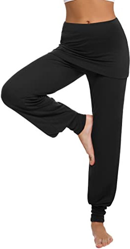 Terecey Yogahose Damen Lang mit Rock Yoga Hose Damen Baumwolle Lockere Hosen Bequeme Freizeithose Weite Jogginghose für Yoga Pilates Tanzen Joggen Schwarz XL