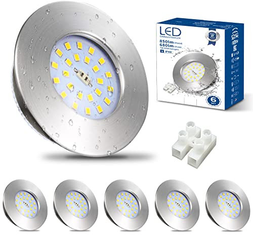 HiBay LED Einbaustrahler Ultra Flach LED Spot Rund IP44 Deckenspots 7W 850lm Einbauspot Matt Nickel 6000K Deckenstrahler Kaltweiß 6er Set Einbauleuchten