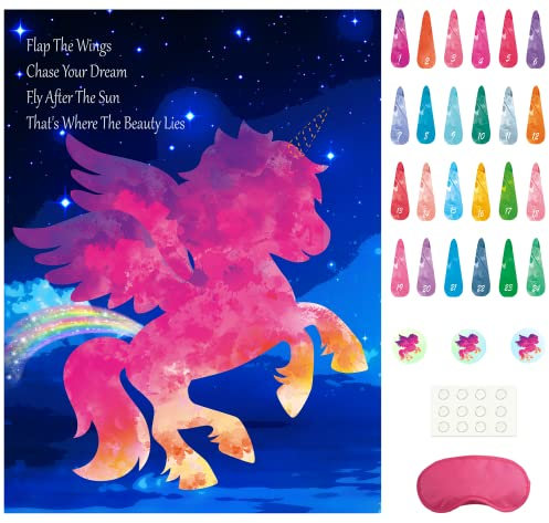 Morcheiong Pin The Horn/Tail on The Unicorn Birthday Party Game with 48 Horns for Kids Unicorn Party Favors Supplies Decorations