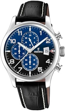 Festina Herrenuhr Analog aus Leder Schwarz | Quarzwerk, Chronograph, Kalender, Widerstandsfähiges Mineralglas, Wasserdicht 10 ATM Casual F20375/7