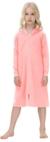 Alunsito Bademantel für kleine Jungen und Mädchen mit Reißverschluss lange Ärmel Loungewear Nachtwäsche in voller Länge Taschen Hausmantel langer weicher Bademantel 150 Rosa 11–12 Jahre